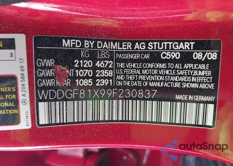 2009 Mercedes-Benz C 300 Luxury 4Matic/Sport 4Matic from USA, damaged, VIN WDDGF81X99F230837